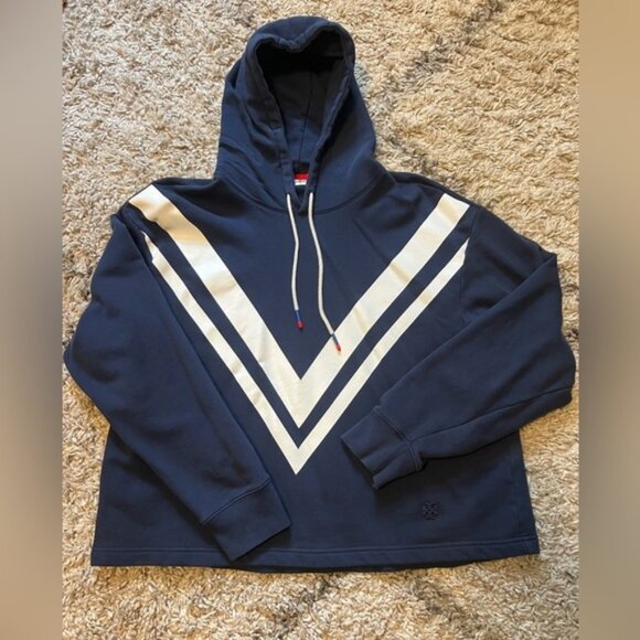 TORY BURCH FRENCH TERRY CHEVRON HOODIE IN TORY NAVY/SNOW WHITE - Picture 3 of 8